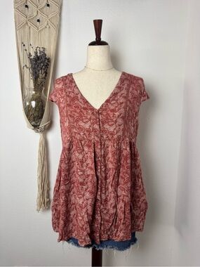 Free People Rust Floral V-Neck Babydoll Blouse